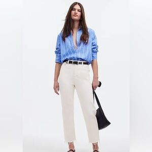 Madewell white straight crop with raw edge jeans.
